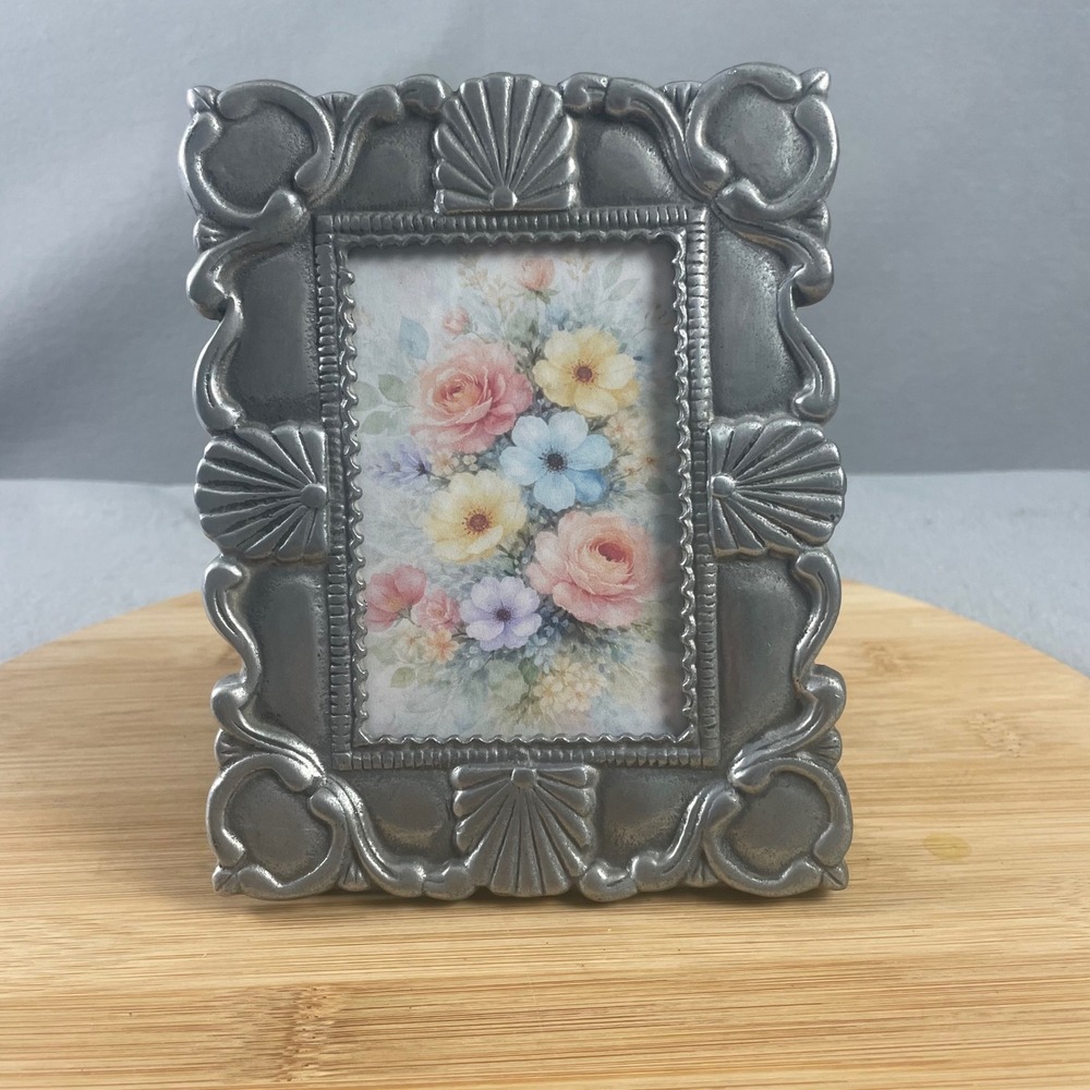 Ornate Pewter Floral Picture Frame Easel‎ Back Tabletop Decor